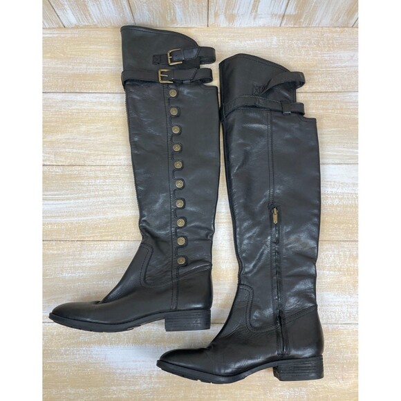 Sam Edelman PIERCE Over-The-Knee Boot Women's 9.5 Black Leather Military Buttons - Picture 1 of 16